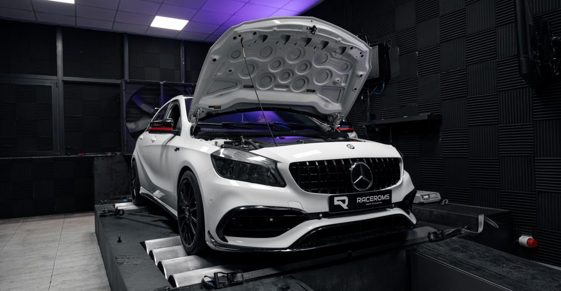 Mercedes Benz A45 with open hood