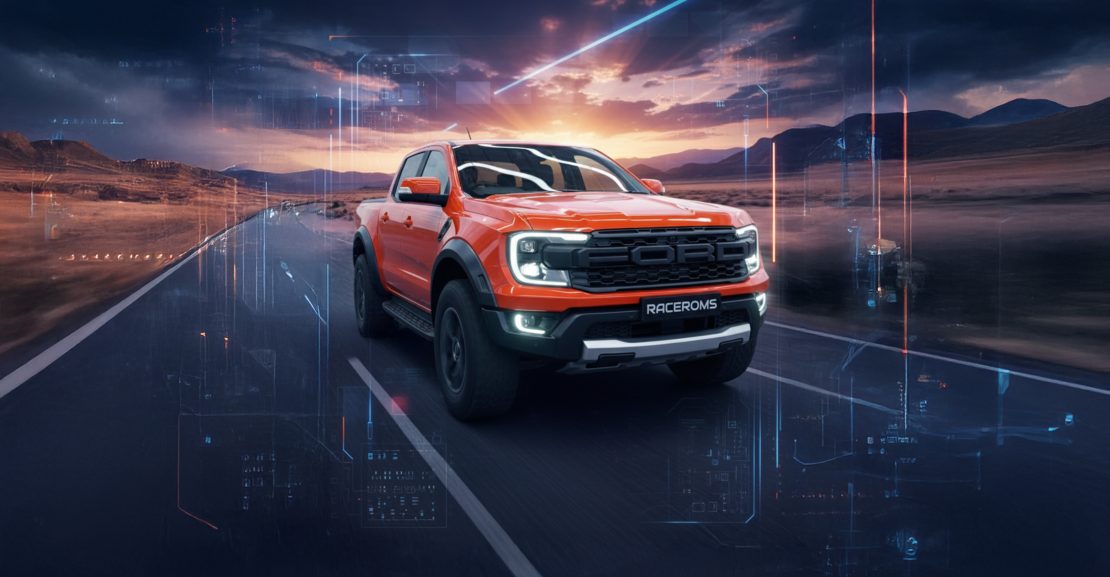 a ford ranger raptor cruising down the streets, panning shot